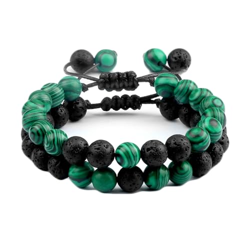 BCughia 2 Stück Armband Perlen Set Stein, 8MM Malachit Lavastein Armband, Armband Frauen Verstellbar 17-30CM BCughia 2 Stück Armband Perlen Set Stein, 8MM Malachit Lavastein Armband, Armband Frauen Verstellbar 17-30CM von BCughia