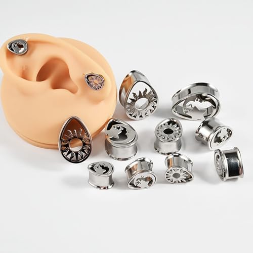 BCughia 2 Stück Edelstahl Piercing Tunnel 12mm Ohr Plug Männer Träne Form mit Sonne und Mond Tunnel Ohr Set, Silber von BCughia