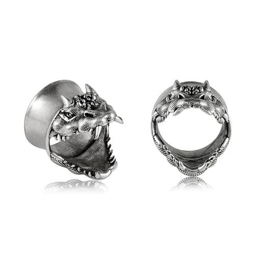 BCughia 2 Stück Kupfer Ohr Plug 19mm Plug Ohrringe Damen Vintage Drachenkopf Ohrringe Tunnel Set, Silber von BCughia