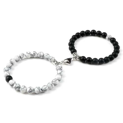 BCughia 2 Stück Paar Armband Perlen, 8MM Türkis Matt Stein Armband mit Herz, Männer Armband Elastisch 18-19CM von BCughia