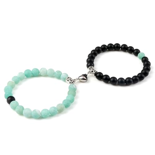 BCughia 2 Stück Pärchen Armbänder Stein, 8MM Matt Stein Armband mit Herz, Armband Damen Elastisch 18-19CM von BCughia