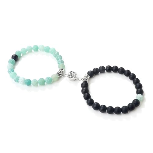 BCughia 2 Stück Pärchen Armband Perlen, 8MM Matt Stein und Grün Stein Armband mit Blume, Armband Elastisch Perlen 18CM von BCughia