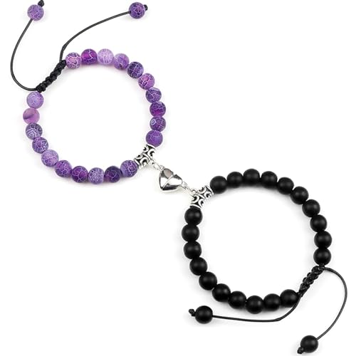BCughia 2 Stück Pärchen Armband Perlen, 8MM Schwarz und Lila Stein Armband mit Herz, Armband Herren Verstellbar 17-30CM BCughia 2 Stück Pärchen Armband Perlen, 8MM Schwarz und Lila Stein Armband mit Herz, Armband Herren Verstellbar 17-30CM von BCughia