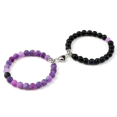 BCughia 2 Stück Pärchen Armband Stein, 8MM Matt Stein Armband mit Herz, Herren Armband Elastisch 18-19CM von BCughia