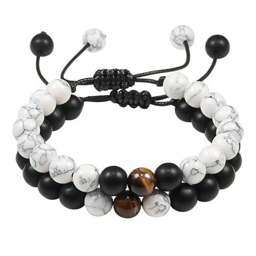BCughia 2 Stück Pärchen Armband Stein, 8MM Matt Stein Schwarz Türkis Armband, Verstellbar Armband 19-29CM von BCughia