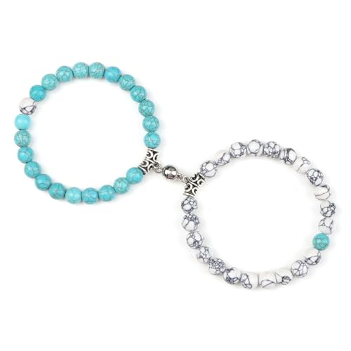 BCughia 2 Stück Pärchen Armband mit Perlen, 8MM Türkis Armband, Männer Armband Elastisch 18-19CM von BCughia