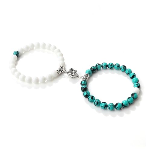 BCughia 2 Stück Pärchen Armband mit Perlen, 8MM Weiß Porzellan Türkis Armband mit Blume, Armband Elastisch Perlen 18CM von BCughia