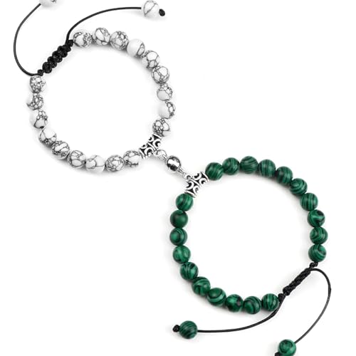 BCughia 2 Stück Pärchen Perlen Armband, 8MM Malachit Türkis Armband, Armband Männer Verstellbar 17-30CM von BCughia