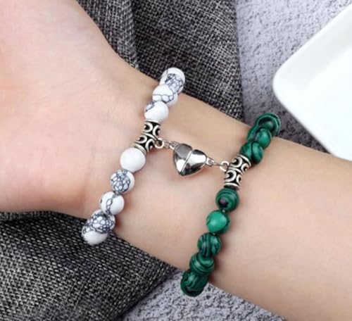 BCughia 2 Stück Pärchen Perlen Armband, 8MM Malachit Türkis Armband mit Herz, Elastischer Armband 18CM von BCughia