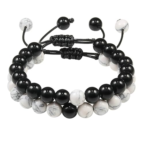 BCughia 2 Stück Pärchen Perlen Armband, 8MM Poliert Stein Weiß Türkis Armband, Armband Herren Verstellbarer 19-29CM von BCughia