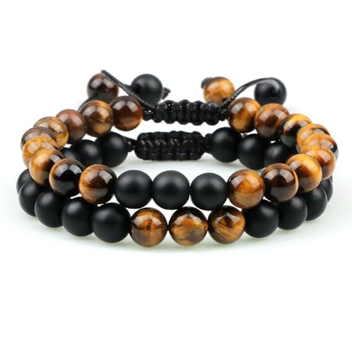 BCughia 2 Stück Partner Armbänder Stein, 8MM Matt Stein Tigerauge Armband, Armband Damen Verstellbar 17-30CM von BCughia