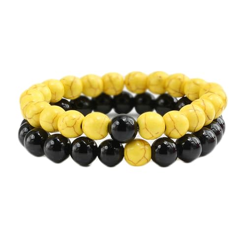 BCughia 2 Stück Partner Armband Perlen, 8MM Gelb und Schwarz Türkis Armband, Herren Armband Elastisch 16CM von BCughia