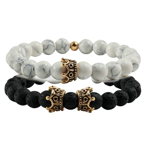 BCughia 2 Stück Partner Armband Perlen, 8MM Lavastein Weiß Türkis Armband mit Krone, Männer Armband Elastisch von BCughia