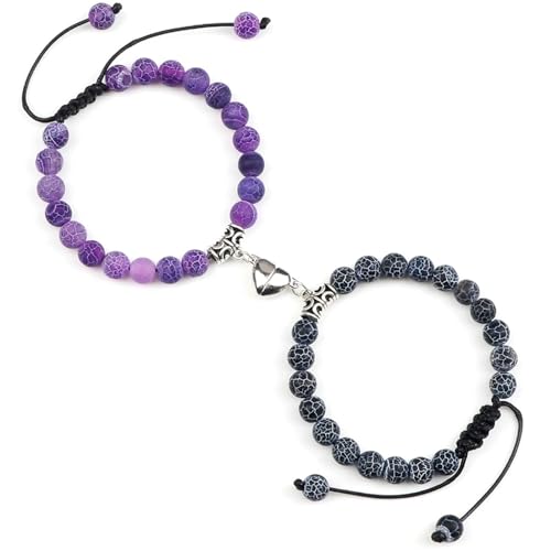 BCughia 2 Stück Partner Armband Perlen, 8MM Lila und Dunkelblau Stein Armband mit Herz, Armband Damen Verstellbar 17-30CM von BCughia