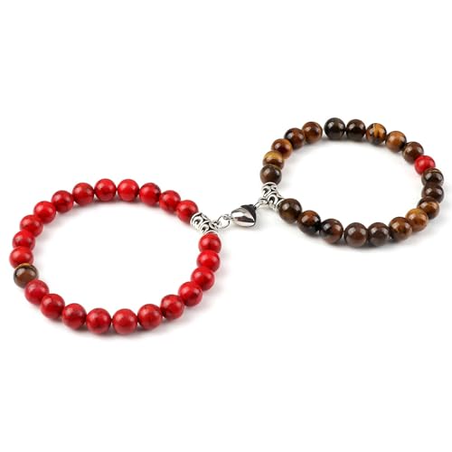BCughia 2 Stück Partner Armband Perlen, 8MM Tigerauge Rot Türkis Armband mit Herz, Elastischer Armband 18-19CM von BCughia