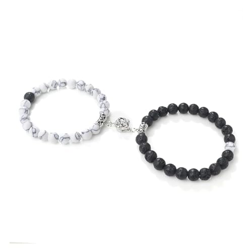 BCughia 2 Stück Partner Armband Stein, 8MM Lavastein Weiß Türkis Armband mit Blume, Herren Armband Elastisch 18CM BCughia 2 Stück Partner Armband Stein, 8MM Lavastein Weiß Türkis Armband mit Blume, Herren Armband Elastisch 18CM von BCughia