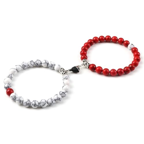 BCughia 2 Stück Partner Armband Stein, 8MM Türkis Armband mit Herz, Damen Armband Elastisch 18-19CM von BCughia