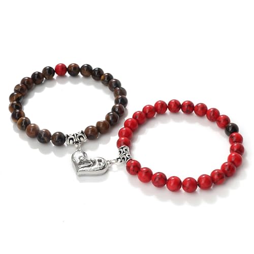 BCughia 2er Set Armband Perlen, 8MM Lavastein Rot Türkis Armband mit Herz, Elastisch Armband 18-19CM von BCughia