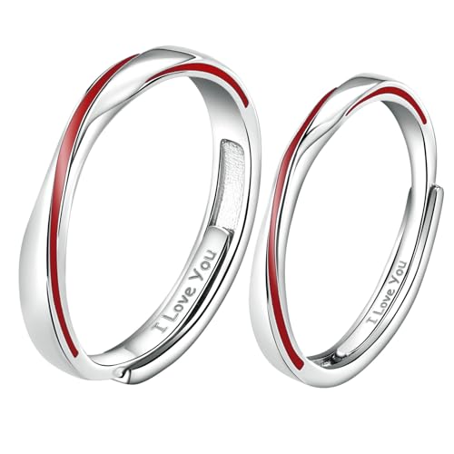 BCughia 999 Sterling Silber Paarpreis Eheringe, Verlobungsring Verstellbar für Damen und Herren Mobius Rot Linie mit Gravur I Love You Paar Ringe von BCughia