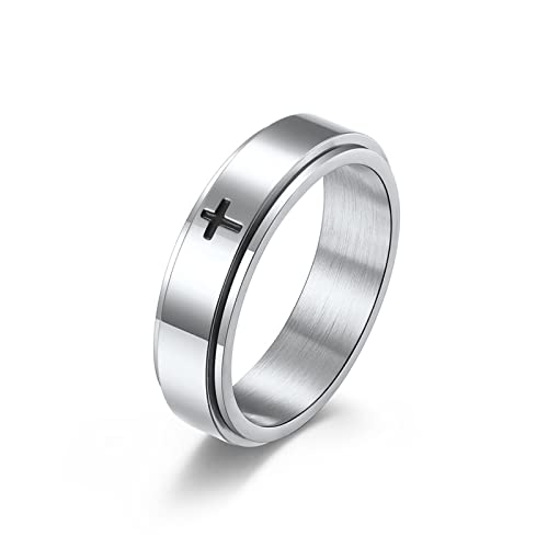 BCughia Anxious Ring, Verlobungsring Silber Edelstahl Kreuz Anxiety Ehering Jubiläum Geschenk für Männer Größe 62(19.7) von BCughia