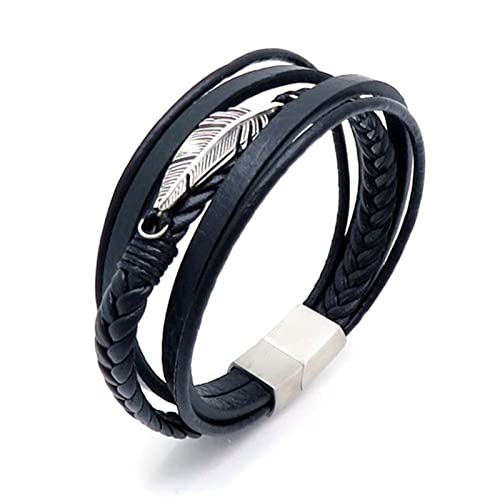 BCughia Armbänder Jungs, Lederarmband Breit Silber Edelstahl Korbgeflecht Mode Mehrschichtiges Blatt Valentinstag Schmuck Geschenk für Männer 21cmx8mm von BCughia