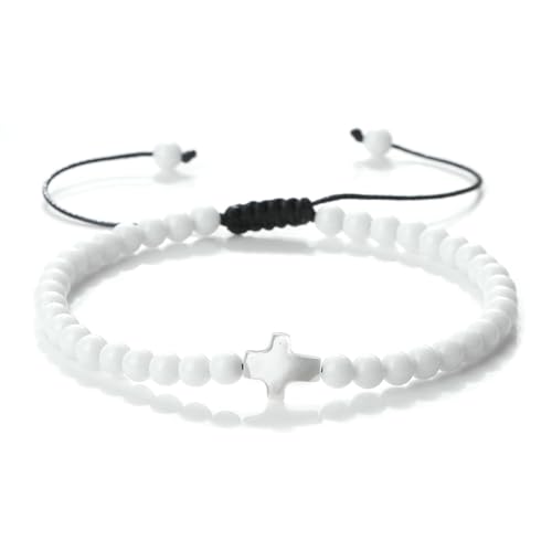 BCughia Armbänder Steine Damen, 4MM Weiß Porzellan mit Kreuz, Armband Verstellbar 17-28CM BCughia Armbänder Steine Damen, 4MM Weiß Porzellan mit Kreuz, Armband Verstellbar 17-28CM von BCughia
