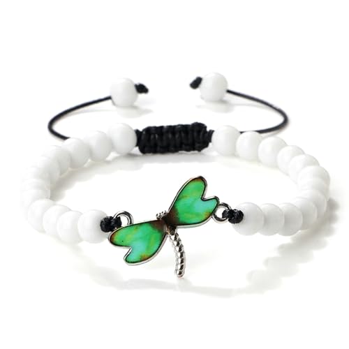 BCughia Armband Damen Perlen, 8MM Weiß Porzellan Armband mit Grün Libelle, Herren Armband Verstellbar 17-28CM von BCughia