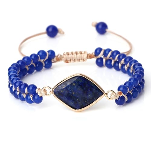 BCughia Armband Frauen Perlen, 4MM Dunkelblau Lapis Lazuli Armband mit Rhombus Charme, Armband Verstellbar Herren 17-28CM BCughia Armband Frauen Perlen, 4MM Dunkelblau Lapis Lazuli Armband mit Rhombus Charme, Armband Verstellbar Herren 17-28CM von BCughia