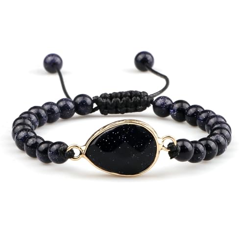 BCughia Armband Frauen Perlen, 6MM Dunkelblau Stein Armband mit Träne Charme, Herren Armband Verstellbar 17-28CM von BCughia