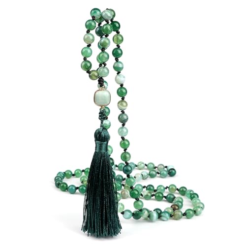 BCughia Armband Frauen Perlen, 8MM Grün Achat Armband mit Quasten, Armband Perlen Mehrschichtig von BCughia