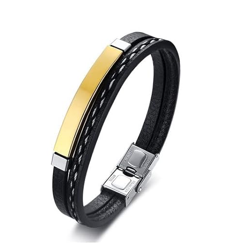 BCughia Armband Gold, Herren Armband Leder Armband Hundemarke Ankerkette Armbänder 19.5x0.5cm von BCughia