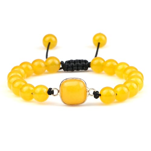 BCughia Armband Herren Stein, 8MM Gelb Stein Armband mit Quadrat Charme, Armband Damen Verstellbar 17-28CM von BCughia