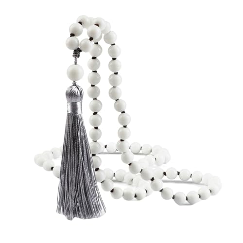 BCughia Armband Herren Stein, 8MM Poliert Weiß Stein Armband mit Quasten, Armband Perlen Mehrschichtig von BCughia