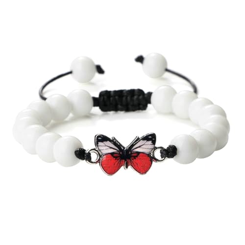 BCughia Armband Herren Stein, 8MM Weiß Porzellan Stein Armband mit Schmetterling, Armband Männer Verstellbar 17-28CM BCughia Armband Herren Stein, 8MM Weiß Porzellan Stein Armband mit Schmetterling, Armband Männer Verstellbar 17-28CM von BCughia