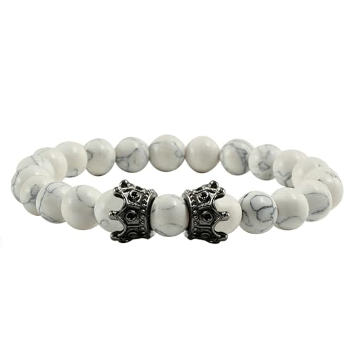 BCughia Armband Herren mit Perlen, 8MM Weiß Türkis Armband mit Krone, Elastisches Armband Frauen von BCughia