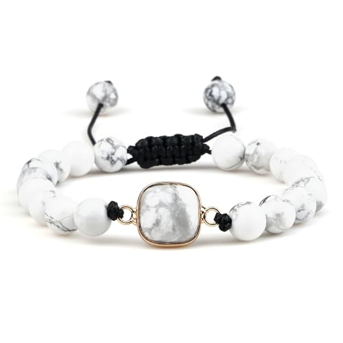 BCughia Armband Herren mit Perlen, 8MM Weiß Türkis Armband mit Quadrat Charme, Damen Armband Verstellbar 17-28CM von BCughia