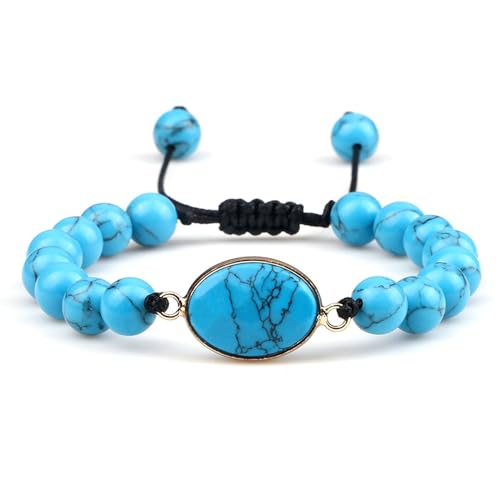 BCughia Armband Herren mit Stein, 8MM Blau Türkis Armband mit Oval Charme, Verstellbare Armband 17-28CM von BCughia