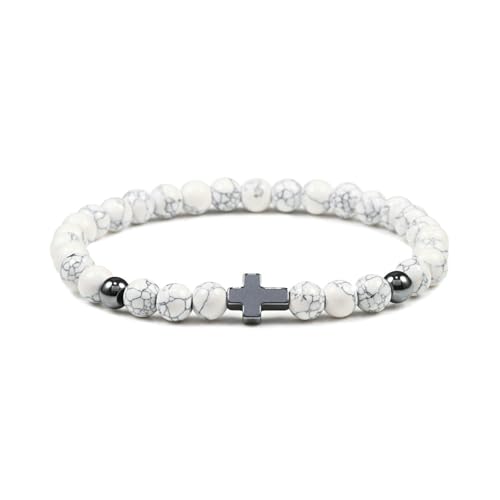 BCughia Armband Männer Perlen, 6MM Weiß Türkis Armband mit Kreuz, Damen Armband Elastisch von BCughia