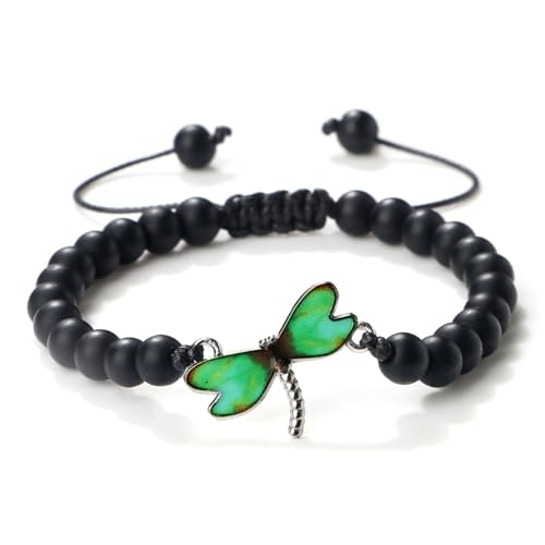 BCughia Armband Männer Perlen, 8MM Matt Stein Armband mit Grün Libelle, Verstellbar Armband 17-28CM von BCughia