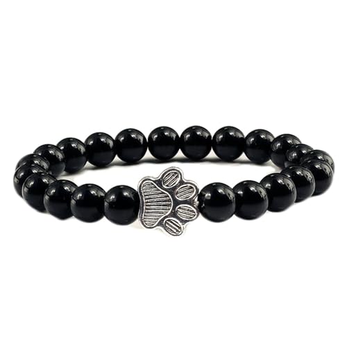 BCughia Armband Perlen, 8MM Schwarz Poliert Stein Armband mit Pfote, Herren Armband Elastisch 17CM von BCughia