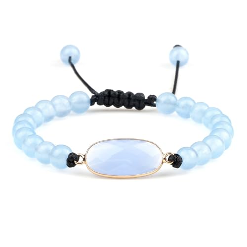 BCughia Armband Perlen Herren, 6MM Blau Stein Armband mit Oval Charme, Damen Armband Verstellbar 17-28CM von BCughia