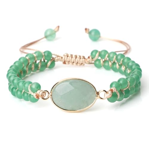 BCughia Armband Perlen Männer, 4MM Grün Stein Armband mit Oval Charme, Armband Damen Verstellbar 17-28CM von BCughia