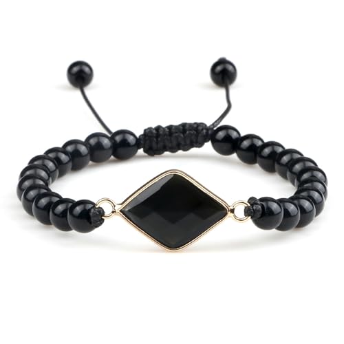 BCughia Armband Perlen Männer, 6MM Schwarz Poliert Stein Armband mit Rhombus Charme, Verstellbar Armband 17-28CM von BCughia