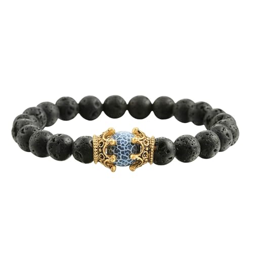 BCughia Armband Perlen Männer, 8MM Lavastein Armband mit Krone, Frauen Armband Elastisch von BCughia