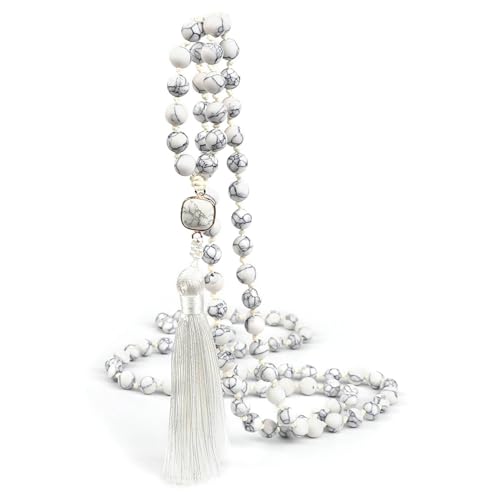 BCughia Armband Perlen Männer, 8MM Schwarz Weiß Türkis Armband mit Quasten, Armband Perlen Lang von BCughia