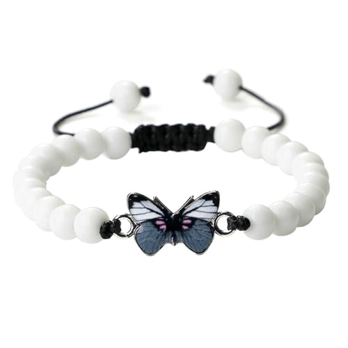 BCughia Armband Perlen Männer, 8MM Weiß Porzellan Stein Armband mit Schmetterling, Armband Damen Verstellbarer 17-28CM von BCughia