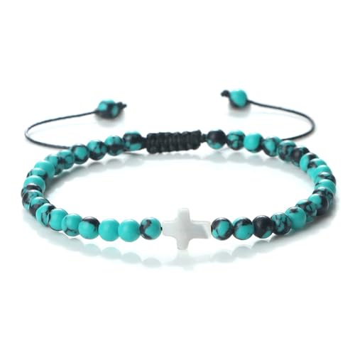 BCughia Armband Perlen Stein, 4MM Grün Türkis mit Kreuz, Armband Verstellbar Damen 17-28CM von BCughia