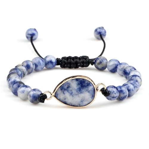 BCughia Armband Perlen Stein, 6MM Weiß Blau Stein Armband mit Träne Charme, Armband Männer Verstellbar 17-28CM von BCughia