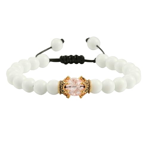 BCughia Armband Stein Damen, 8MM Weiß Stein Armband mit Krone, Armband Verstellbar Herren 19-35CM von BCughia