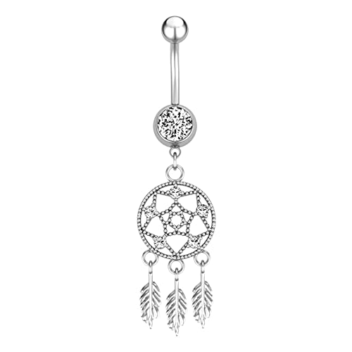 BCughia Bauchnabel Piercing, Bauchpiercing Silber Silber Edelstahl 14G Bauchnabelpiercing Damen Zirkonia Traumfänger Design Strandpartys von BCughia